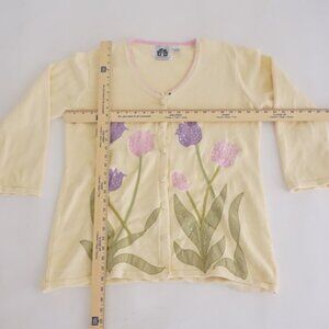 Vintage Storybook Knits Yellow Floral Tulip Sequin Cotton Knit Garden Cardigan L